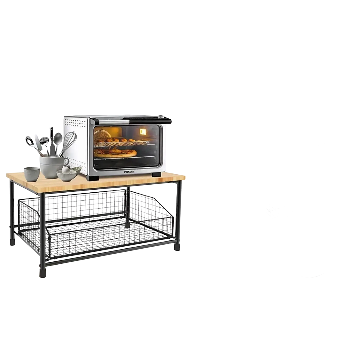 Silver toaster oven with glass door and interior racks featured as kitchen countertop organizer with pull-out basket