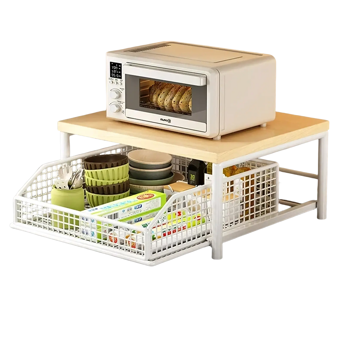 White metal kitchen countertop organizer with wooden top and wire mesh pull-out storage baskets holding utensils dishes and food