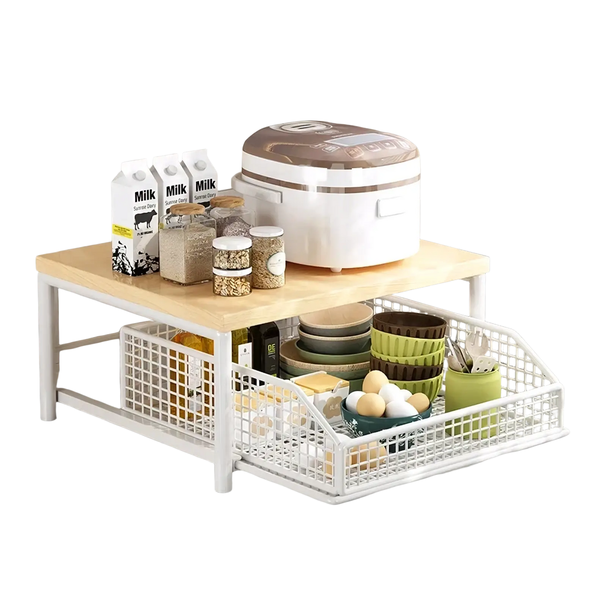 White metal and wood kitchen countertop organizer with pull-out wire mesh storage baskets for efficient storage