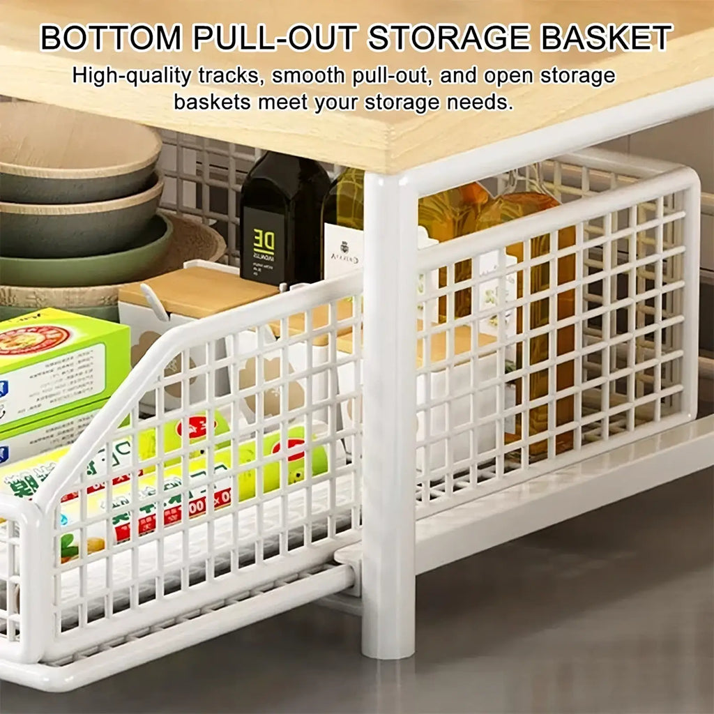 White plastic kitchen countertop organizer with pull-out storage basket featuring a grid design