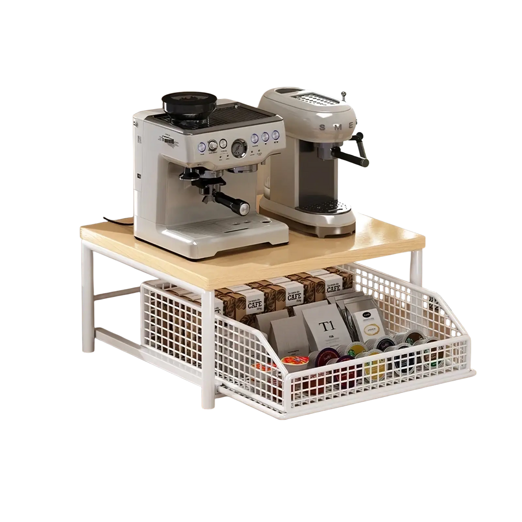 White wire mesh kitchen countertop organizer with pull-out storage basket and light wood top surface