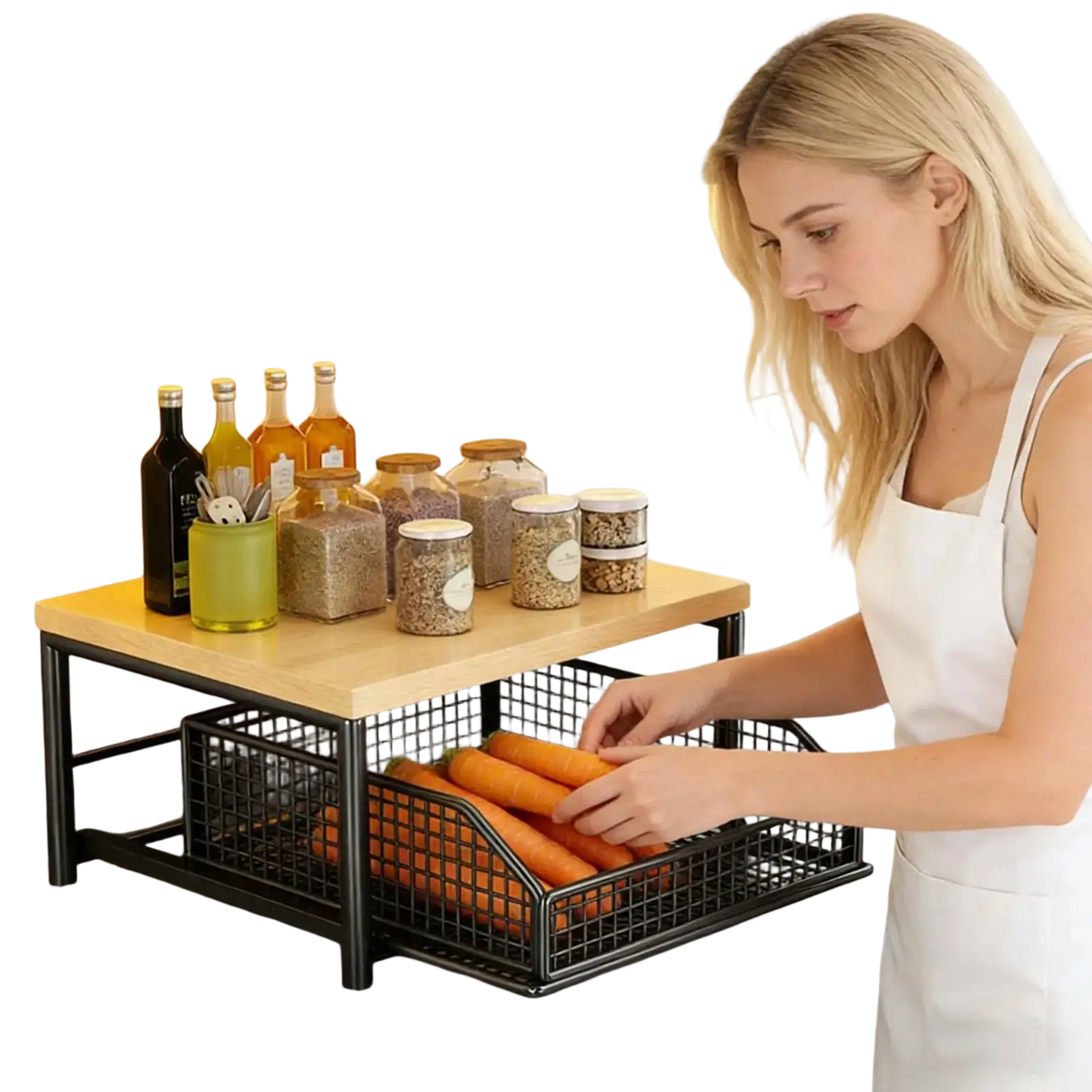 Black metal wire mesh drawer organizer with wooden top surface for kitchen countertop storage and organization