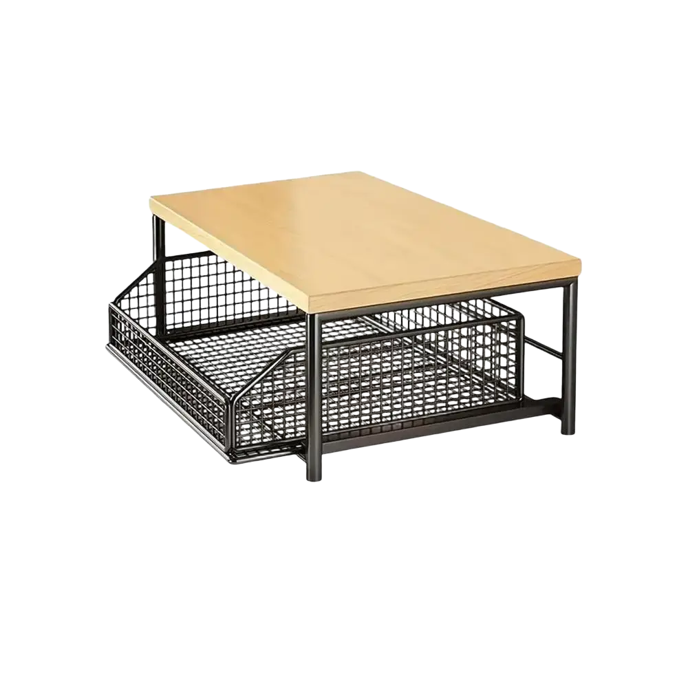 Black metal mesh kitchen countertop organizer shelf with light wood top and two pull-out wire baskets
