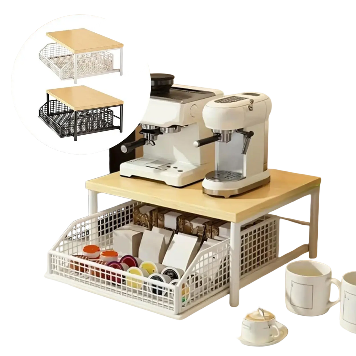 Light wood top coffee pod organizer with white metal wire mesh drawers for kitchen countertop storage