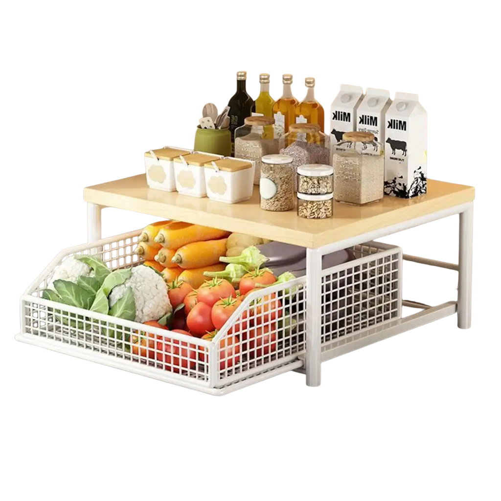 White wire mesh two-tier kitchen storage rack with wooden top and pull-out basket drawers for countertop organization
