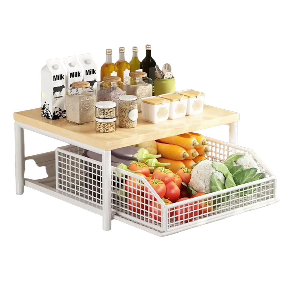 White two-tier kitchen organizer with wooden top and metal wire mesh baskets for countertop storage