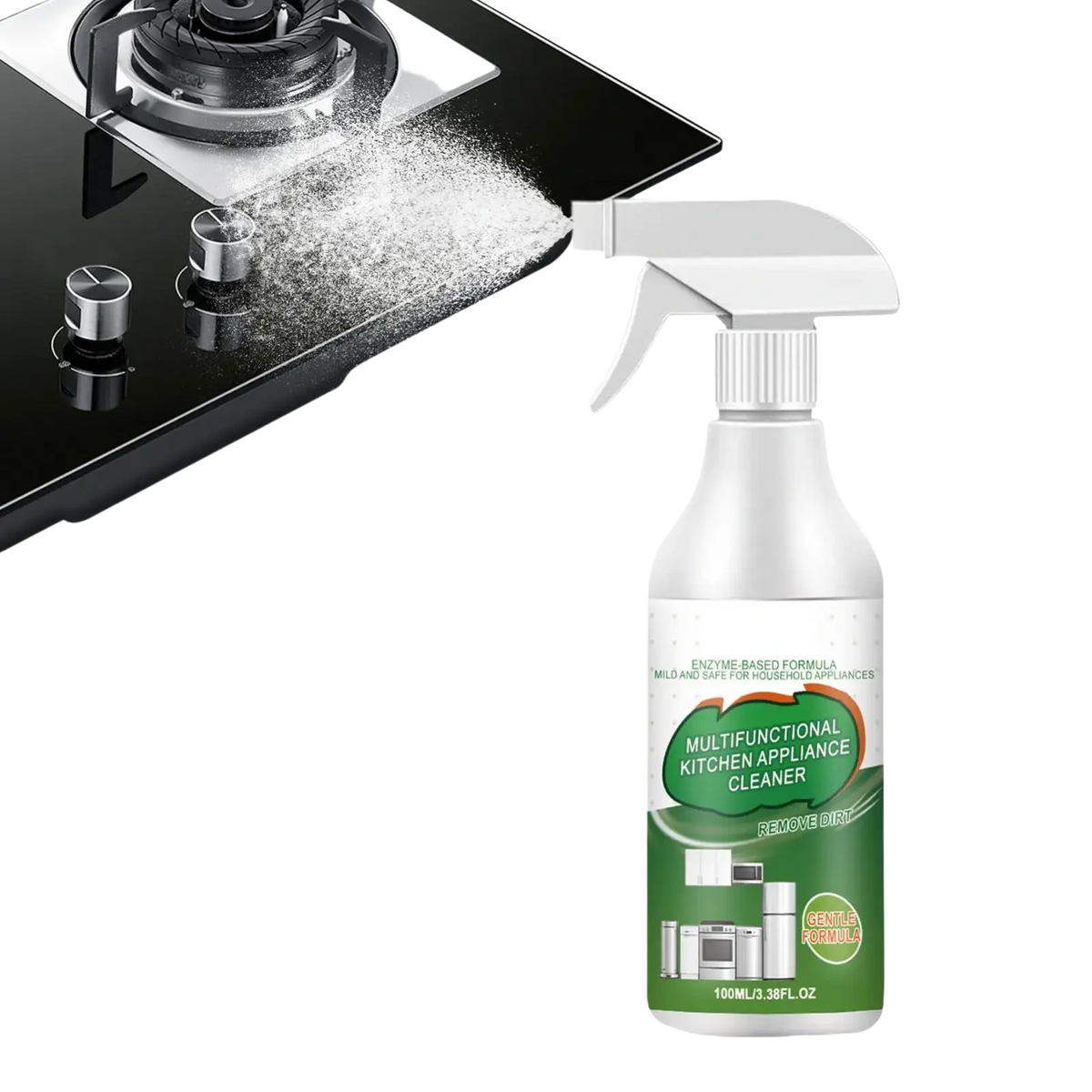 White multifunctional kitchen appliance cleaner spray bottle spraying powder on black stovetop for degreasing oil remover