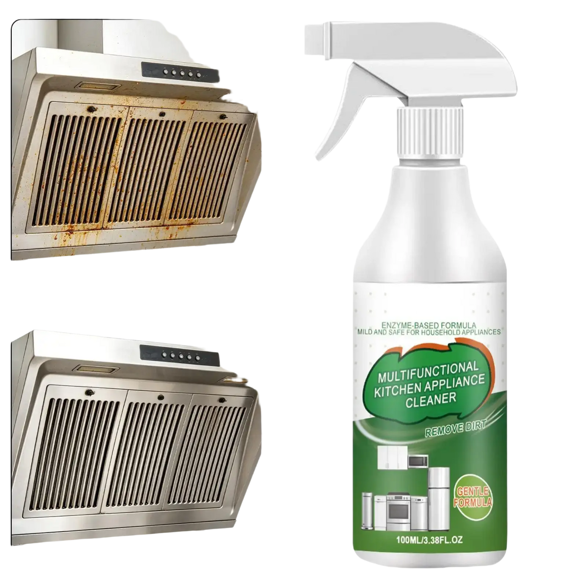 White spray bottle with green label and white trigger nozzle labeled multifunctional kitchen appliance cleaner for degreasing