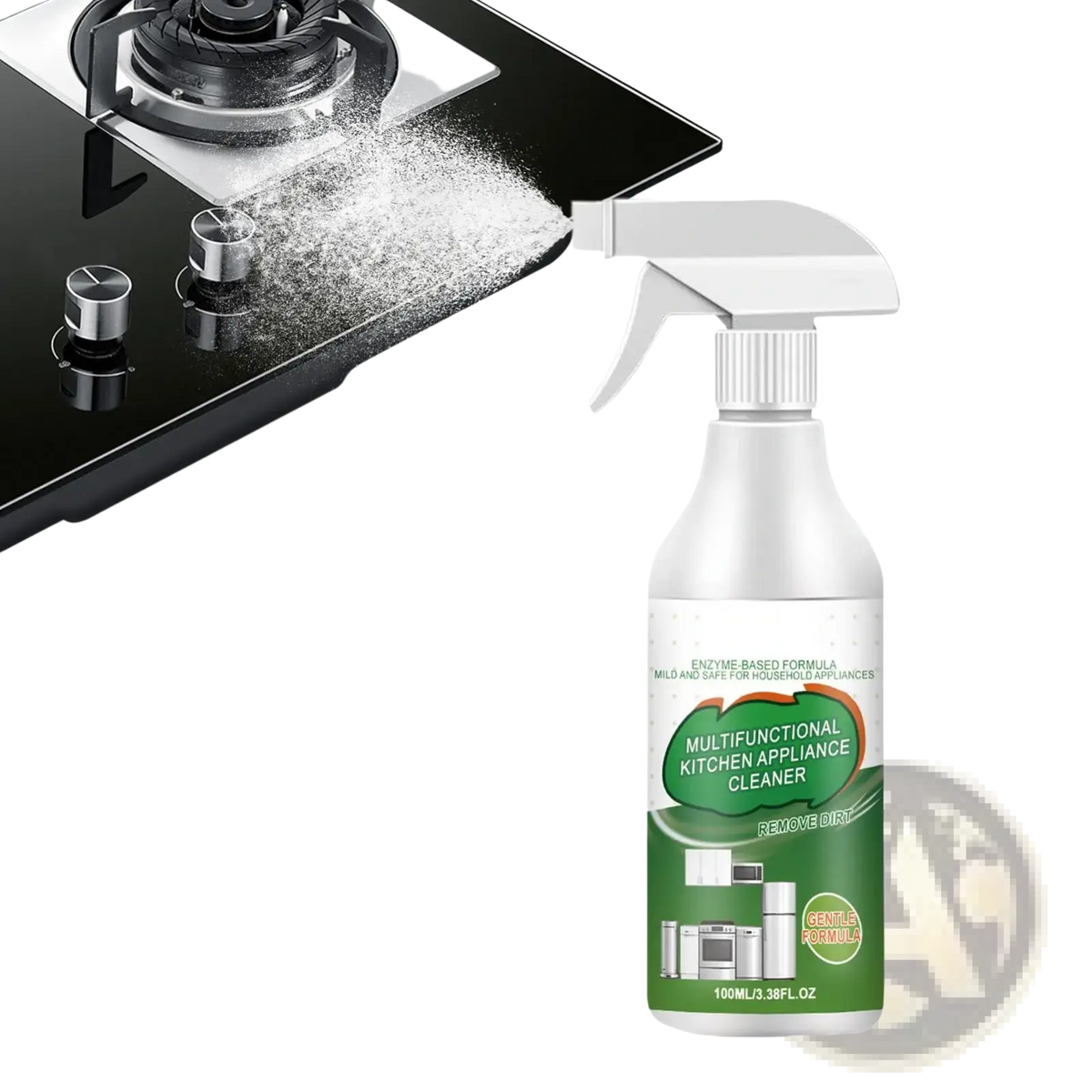 White multifunctional kitchen appliance cleaner spray bottle spraying powder on black stovetop for degreasing oil remover