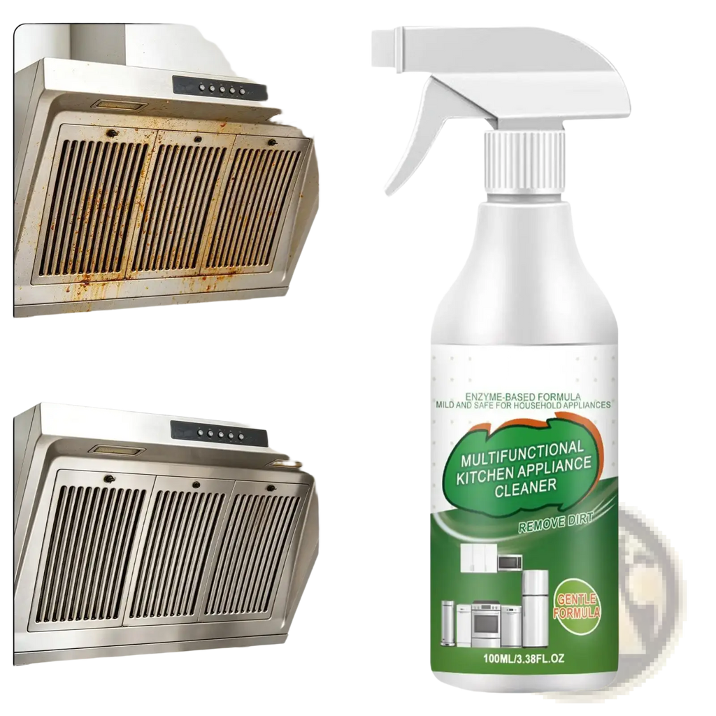 White spray bottle with green label and white trigger nozzle labeled multifunctional kitchen appliance cleaner for degreasing
