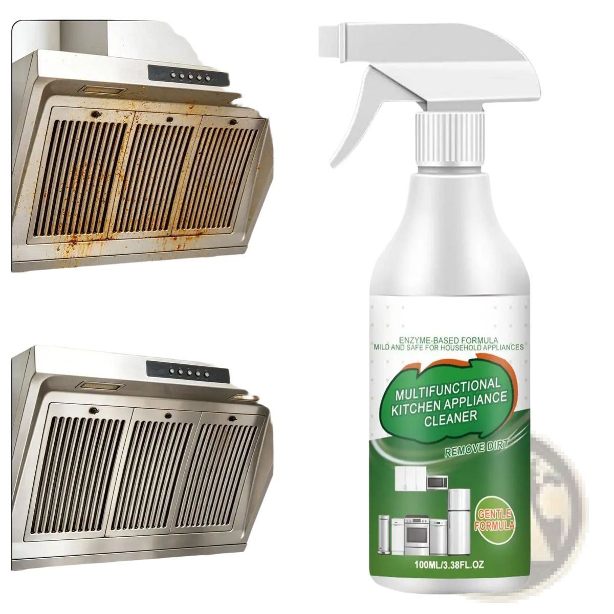 White spray bottle with green label and white trigger nozzle labeled multifunctional kitchen appliance cleaner for degreasing