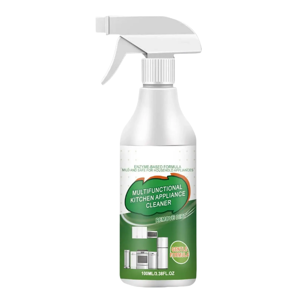 White plastic 100ml kitchen degreaser spray bottle with green and white label for multifunctional appliance cleaning