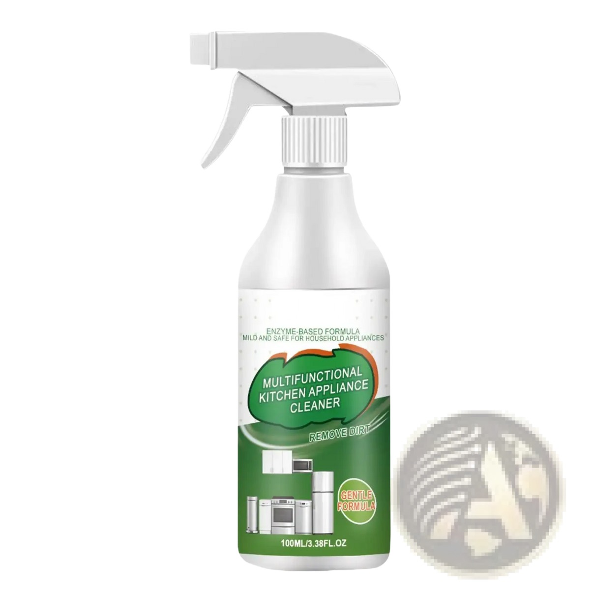 White plastic 100ml kitchen degreaser spray bottle with green and white label for multifunctional appliance cleaning
