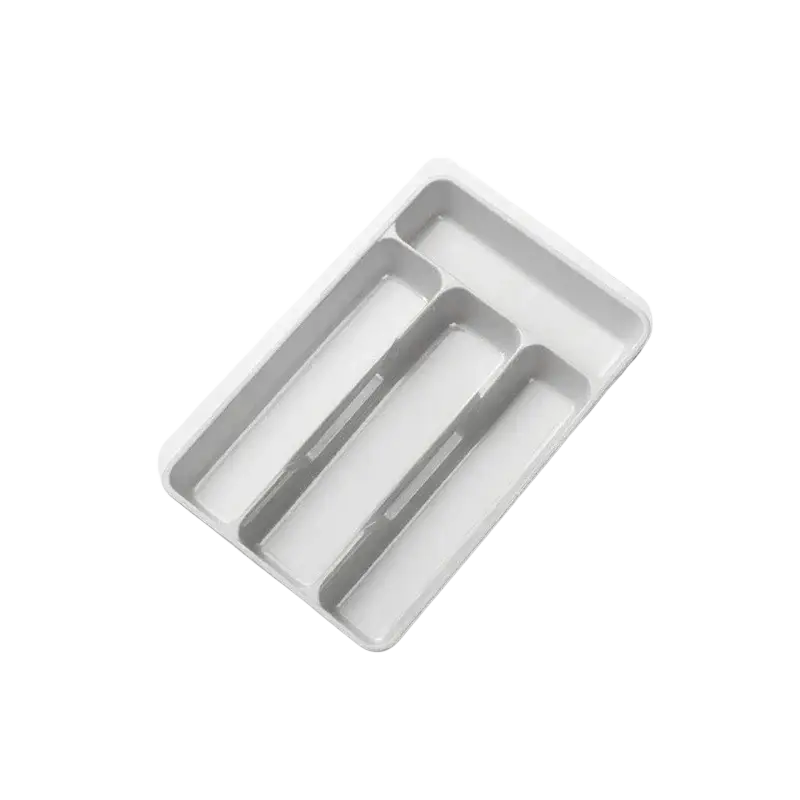 White plastic kitchen drawer utensil organizer tray with four adjustable compartments for efficient storage