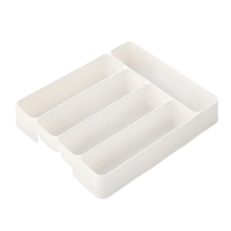 White plastic kitchen drawer adjustable utensil organizer tray with four rectangular compartments for efficient storage