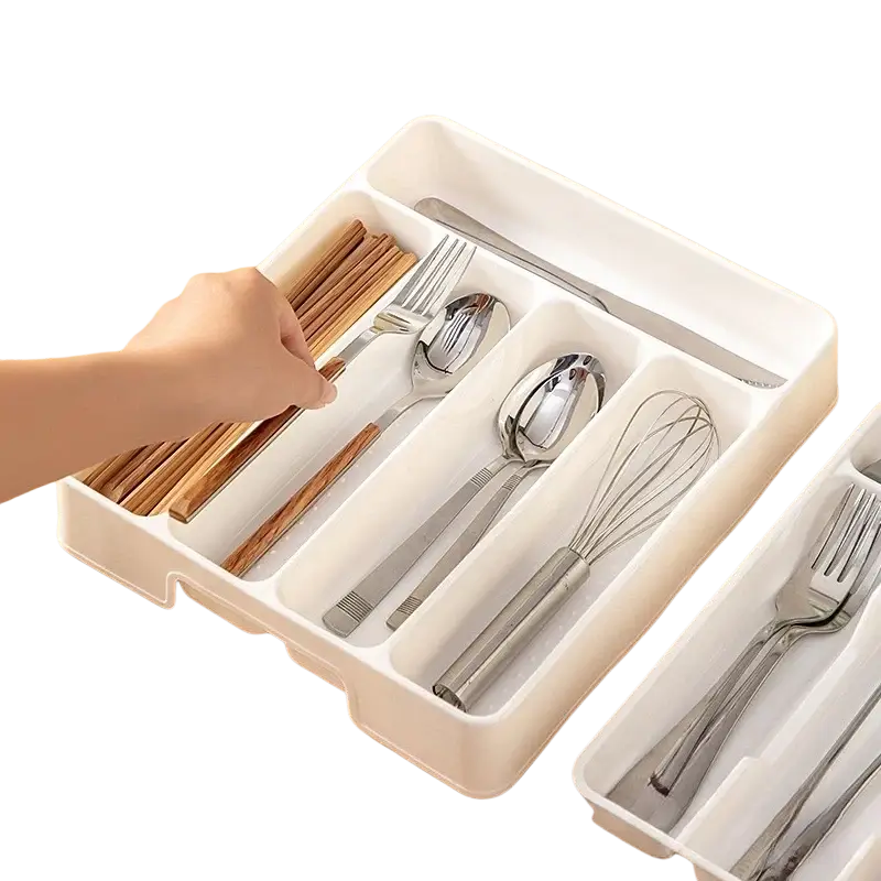 White plastic kitchen drawer adjustable utensil organizer tray with compartments for forks spoons knives chopsticks and whisk
