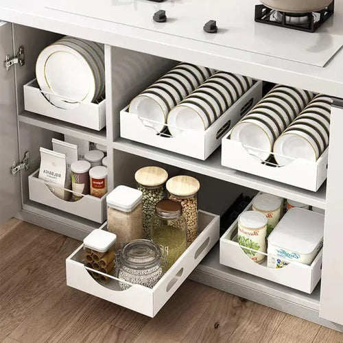 Adjustable white kitchen drawer dividers with sleek minimalist design and smooth sliding mechanism for plates and cutlery