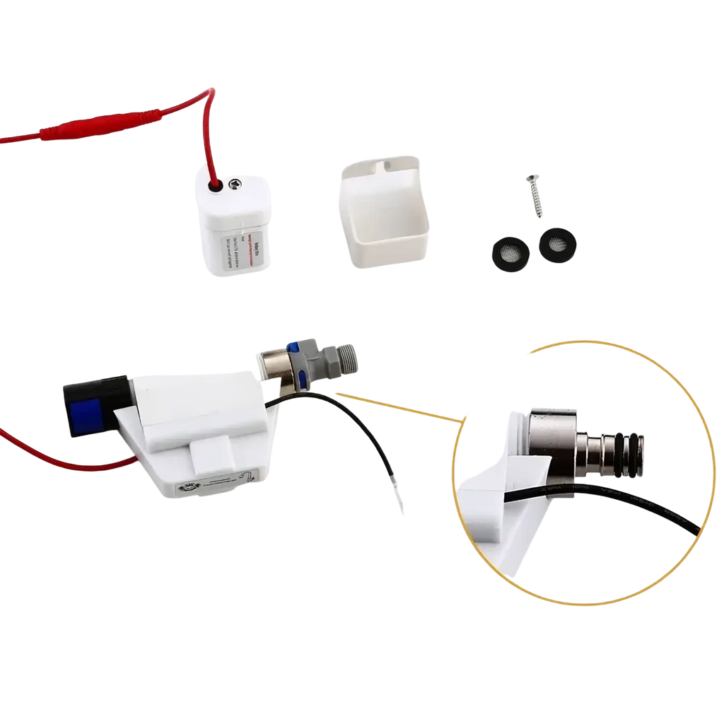 White plastic kitchen faucet sensor replacement part with metallic threaded connector and black wiring visible back side