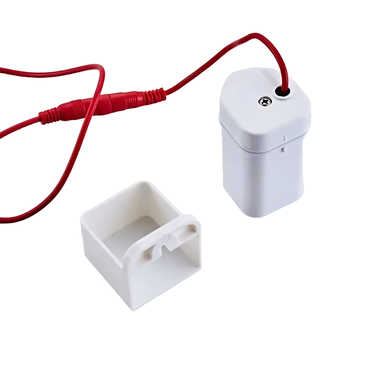 White plastic kitchen faucet sensor replacement part battery box with red cable and connector shown from back side