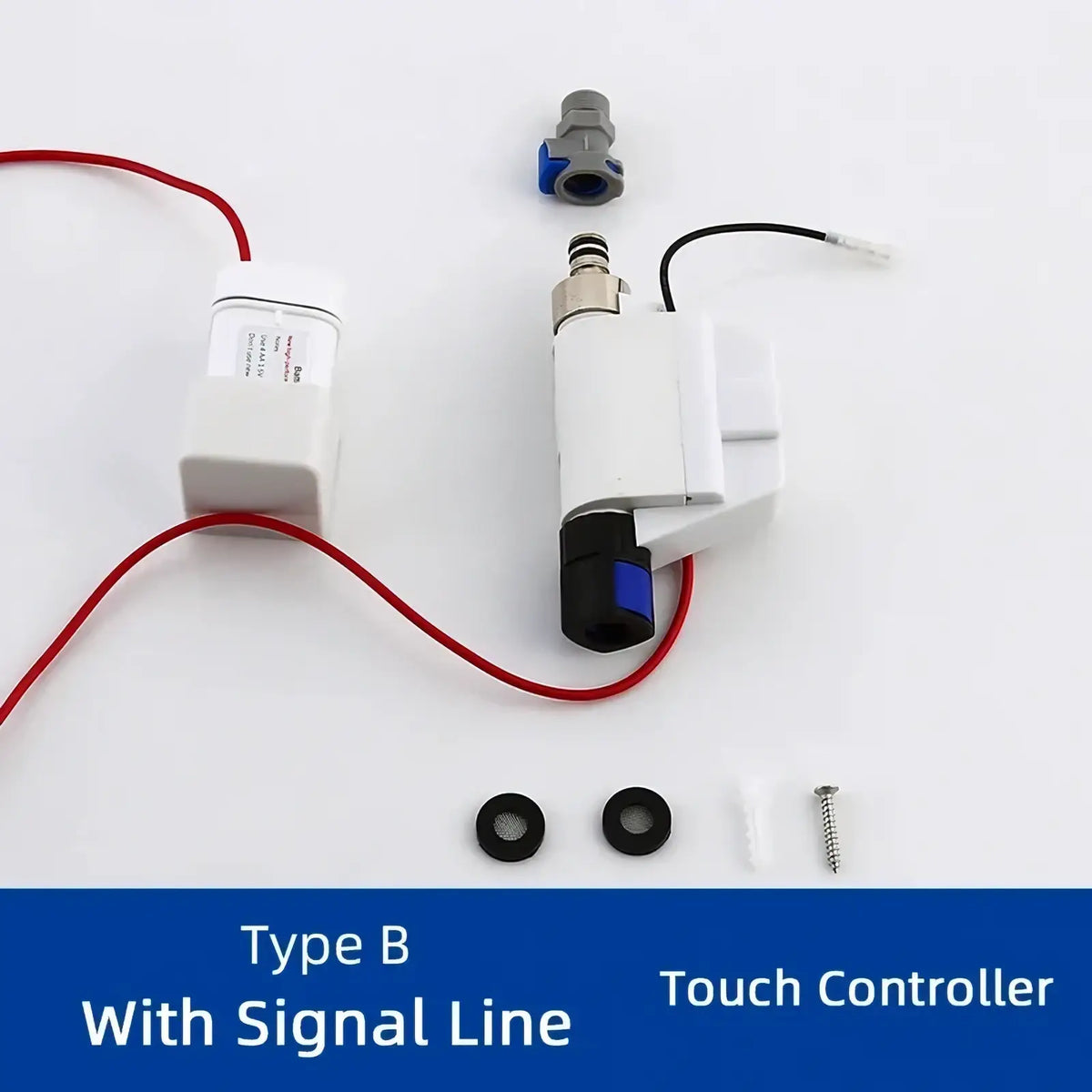White plastic kitchen faucet sensor replacement part battery box with red signal line and blue accents