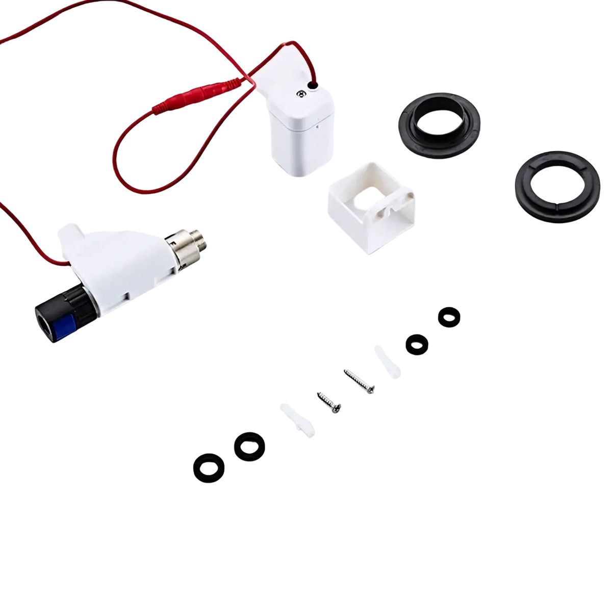 White plastic kitchen faucet sensor replacement part battery box with red wiring and blue accent on cylindrical end