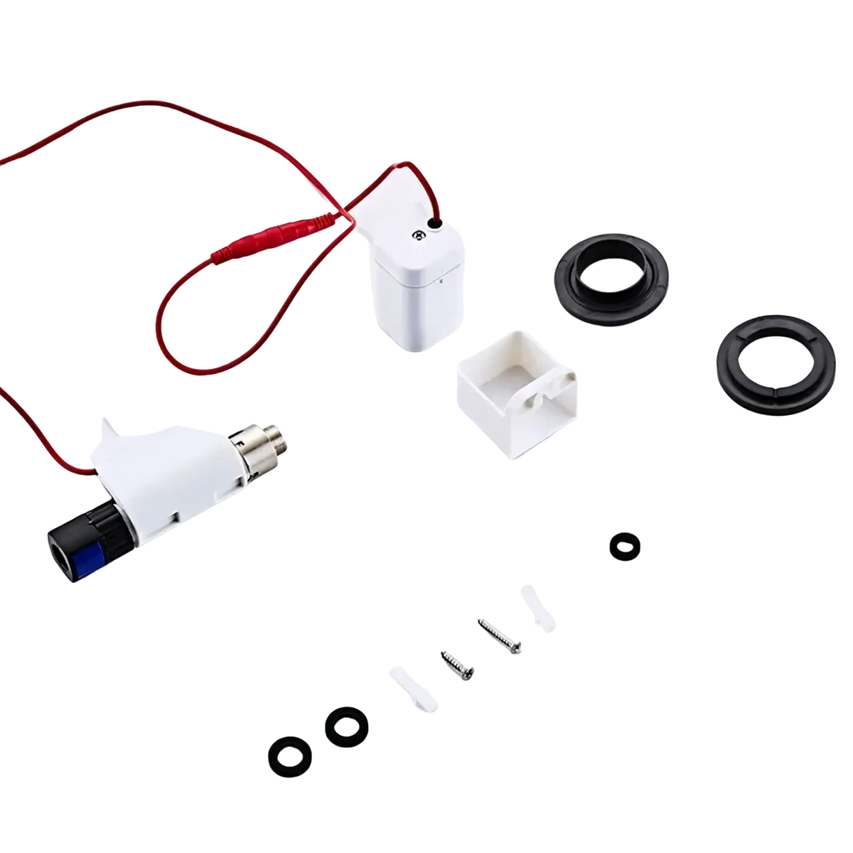 White plastic type a electrical sensor unit with red wiring and metallic connectors for kitchen faucet sensor replacement battery box