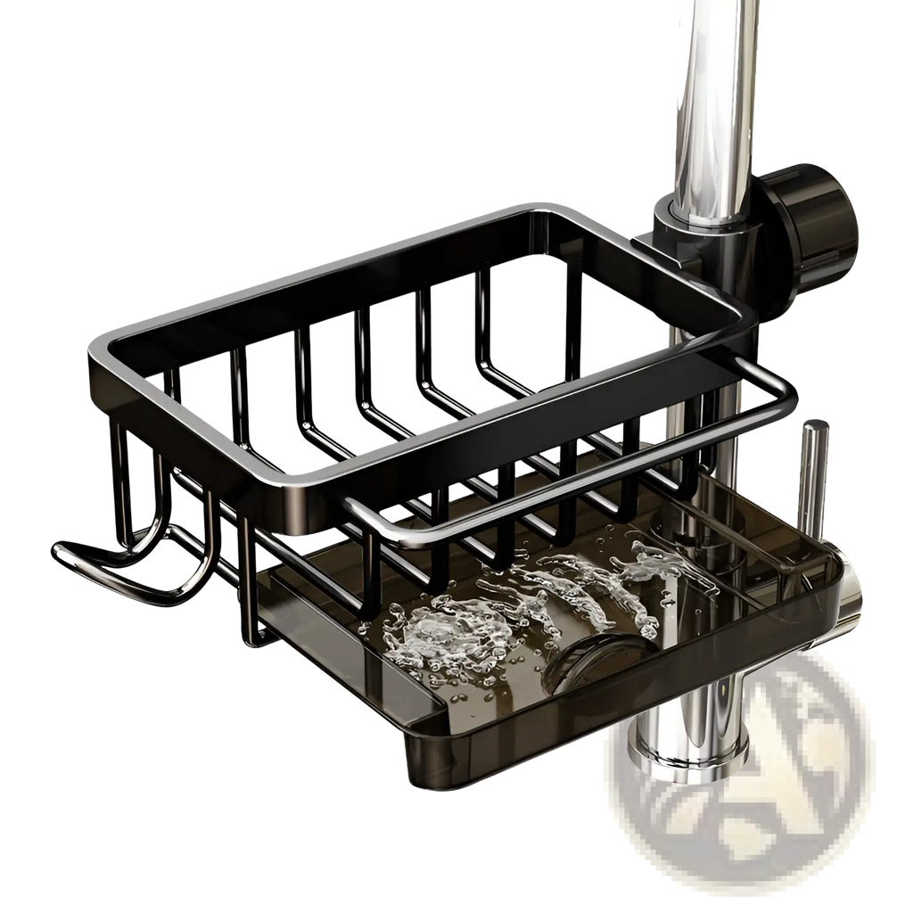 Black metal kitchen faucet storage rack with aluminum sink organizer and transparent acrylic soap dish tray