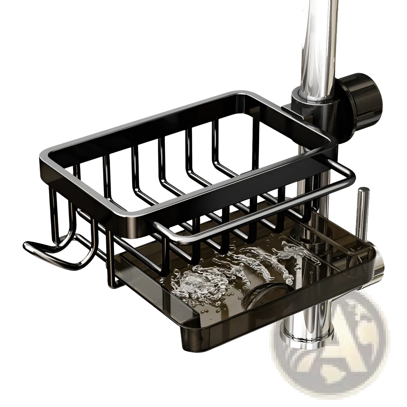 Black metal kitchen faucet storage rack with aluminum sink organizer and transparent acrylic soap dish tray