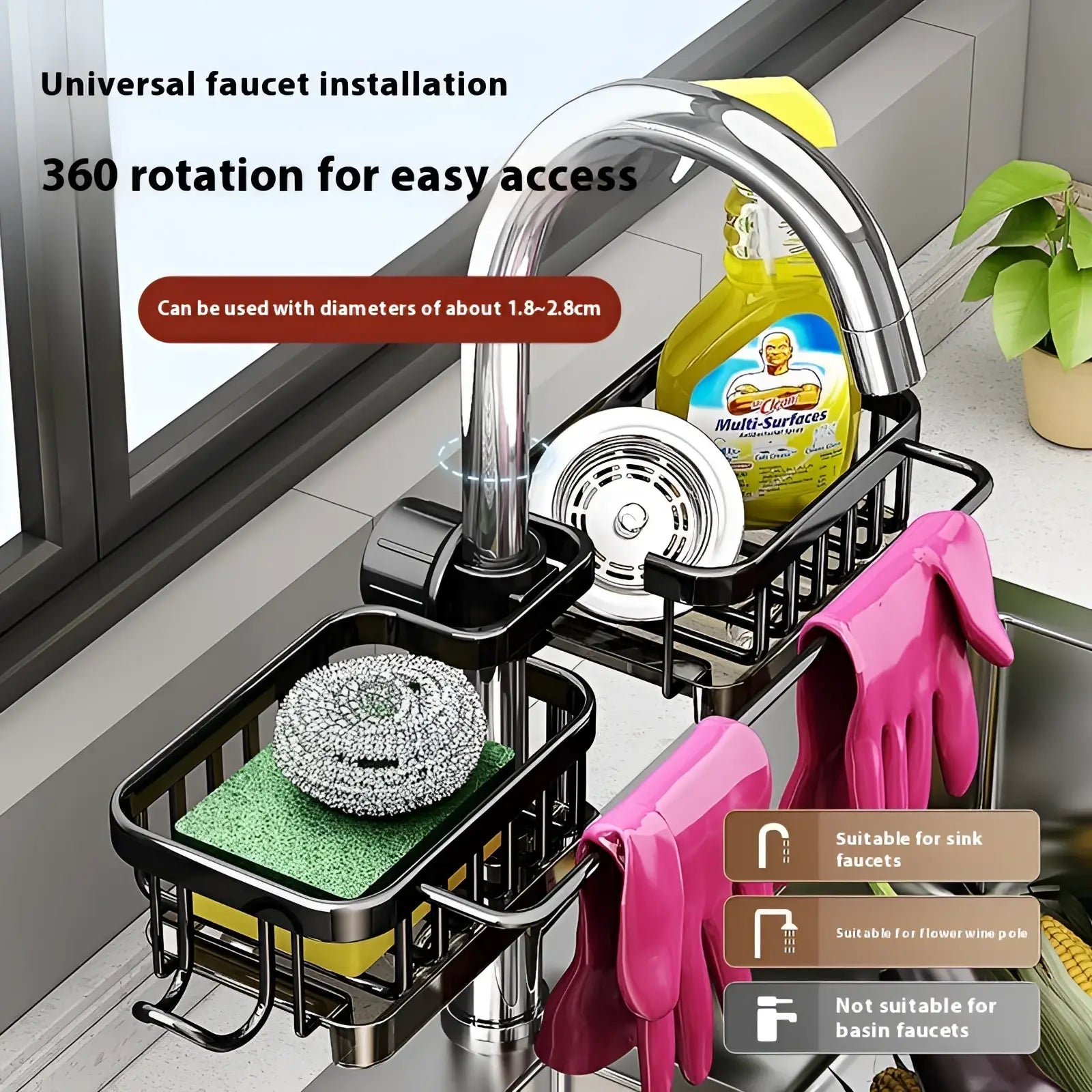 Black and chrome aluminum kitchen faucet storage rack with 360-degree rotating design and multiple compartments for cleaning supplies