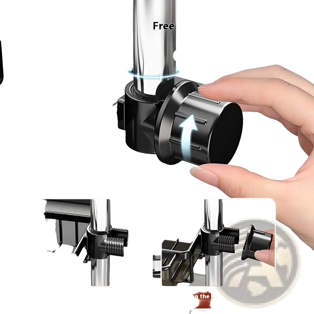 Black aluminum kitchen faucet storage rack clamp with 360-degree rotation and quick-install design for sink organization