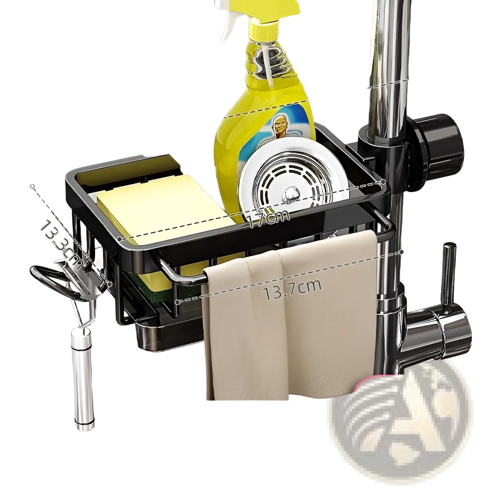 Black aluminum kitchen faucet storage rack with multiple compartments and towel bar for sink organization