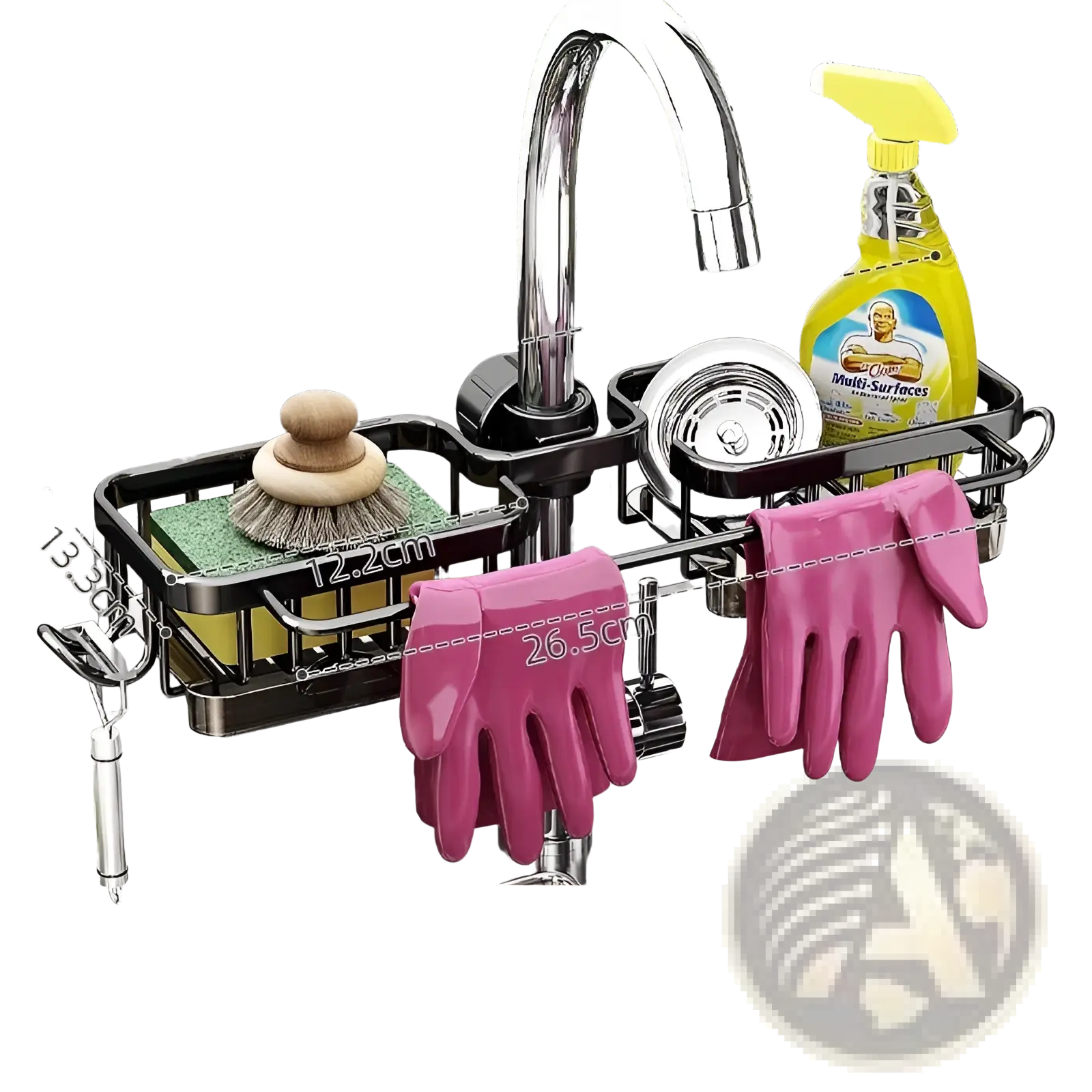 Black aluminum kitchen faucet storage rack with square design and side rods holding cleaning tools like gloves and sponge
