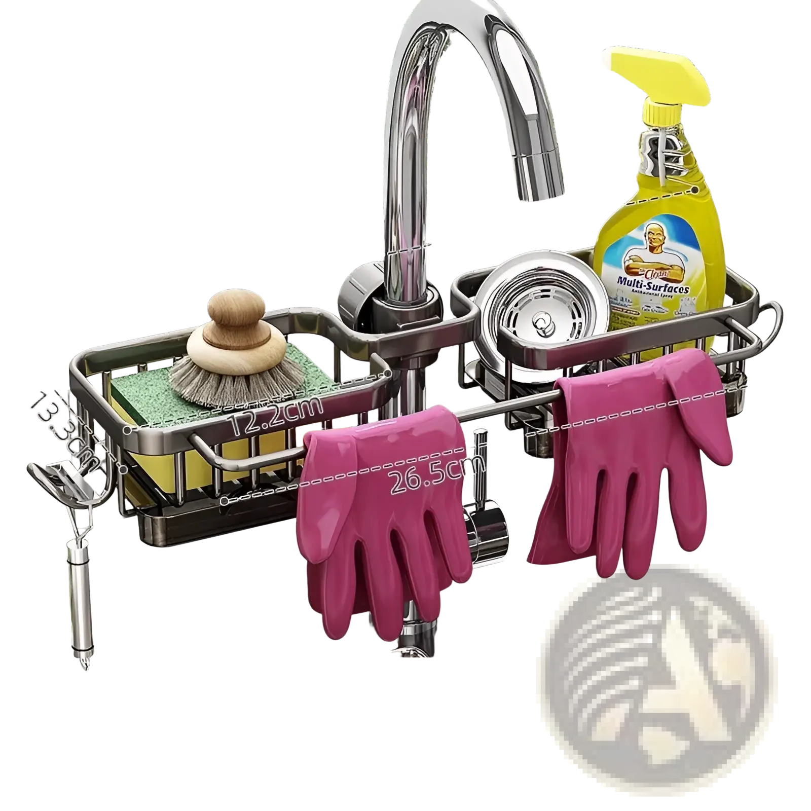 Gun gray stainless steel kitchen faucet storage rack with adjustable rods and square design for aluminum sink organization