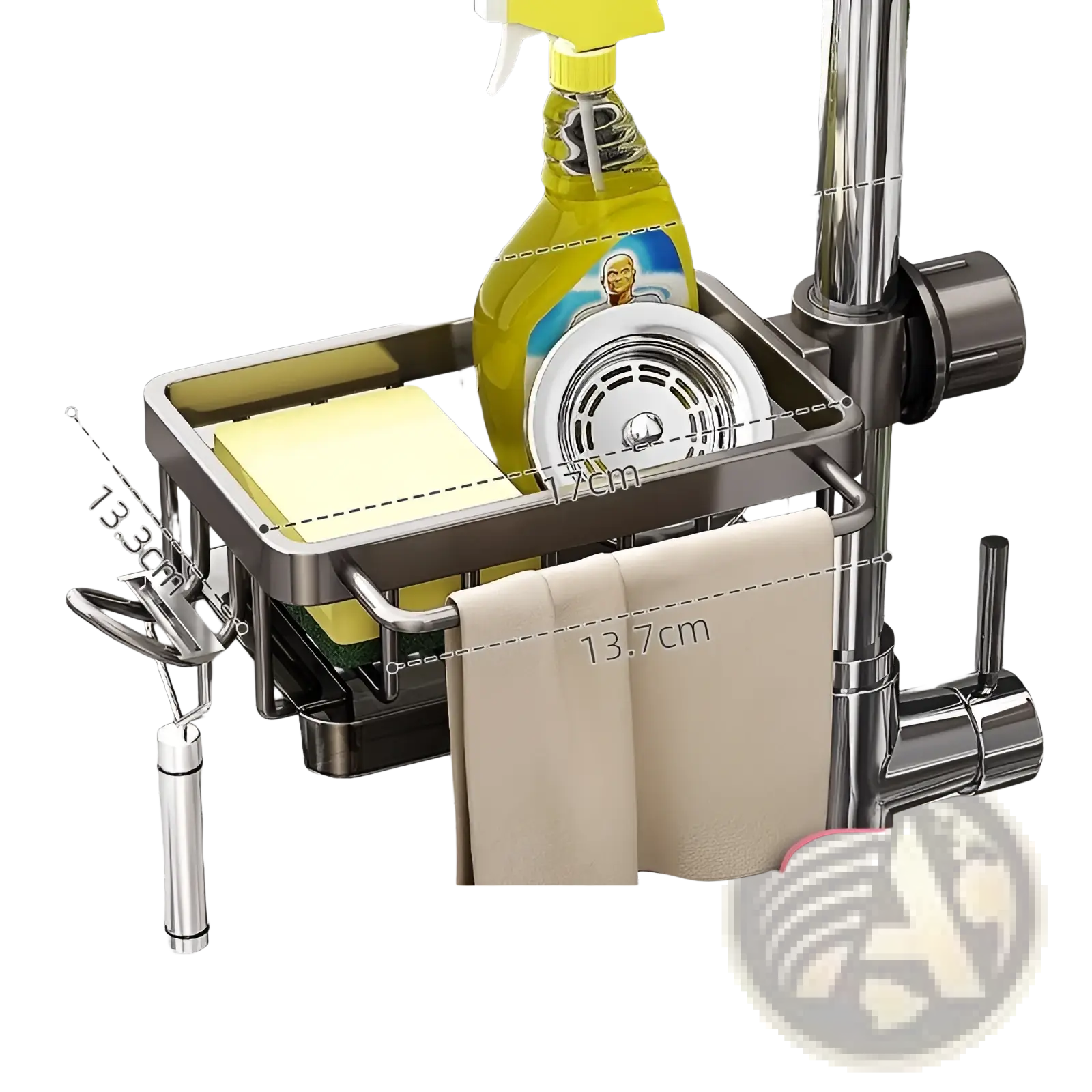 Gun gray stainless steel kitchen faucet storage rack with rectangular tray towel bar and adjustable aluminum rod organizer