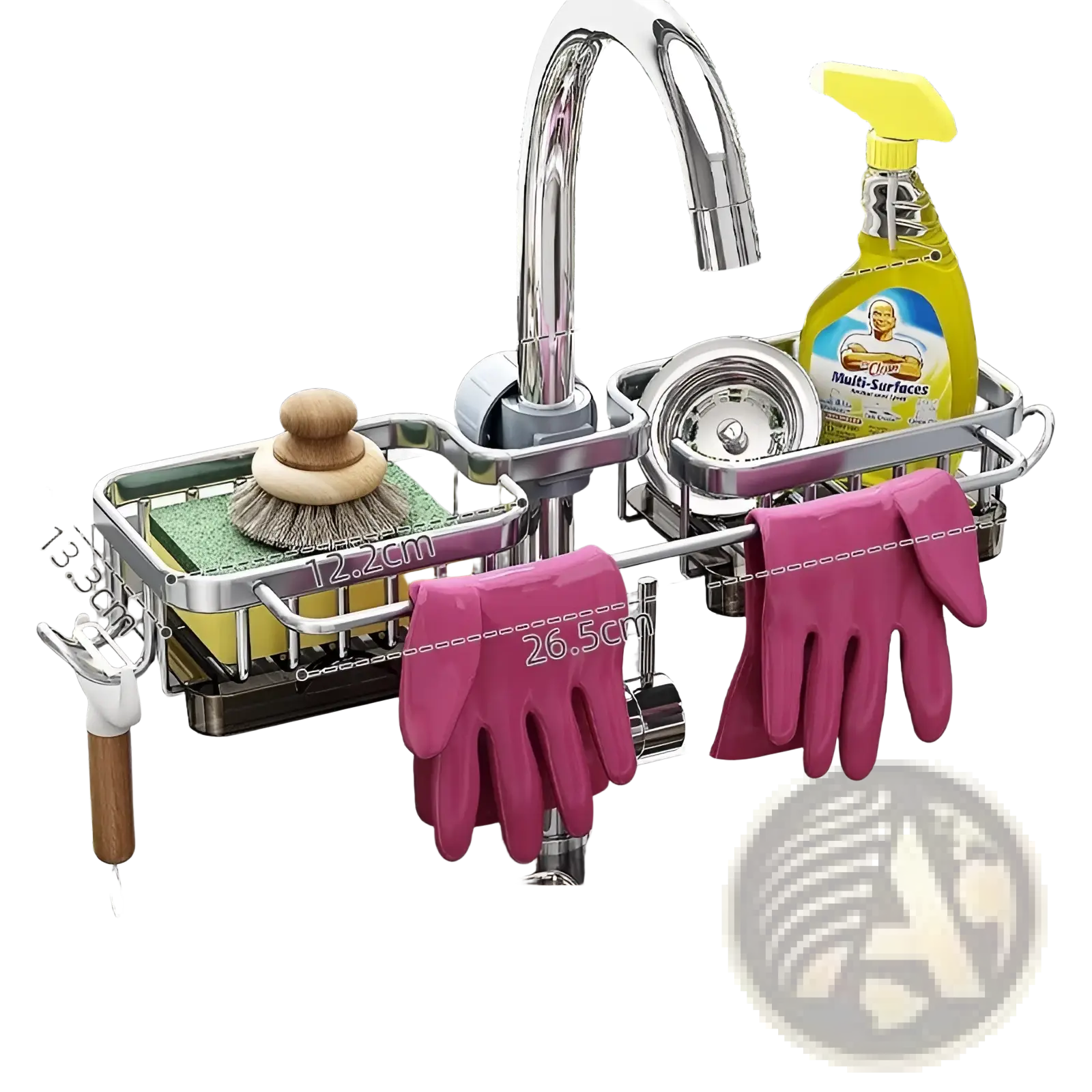 Silver aluminum kitchen faucet storage rack with square design and side rods holding gloves sponge and spray bottle
