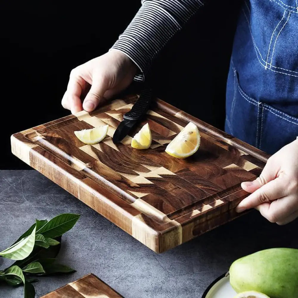 Striped parquet solid wood cutting board with rectangular dark and light wood inlays and reinforced durable edges