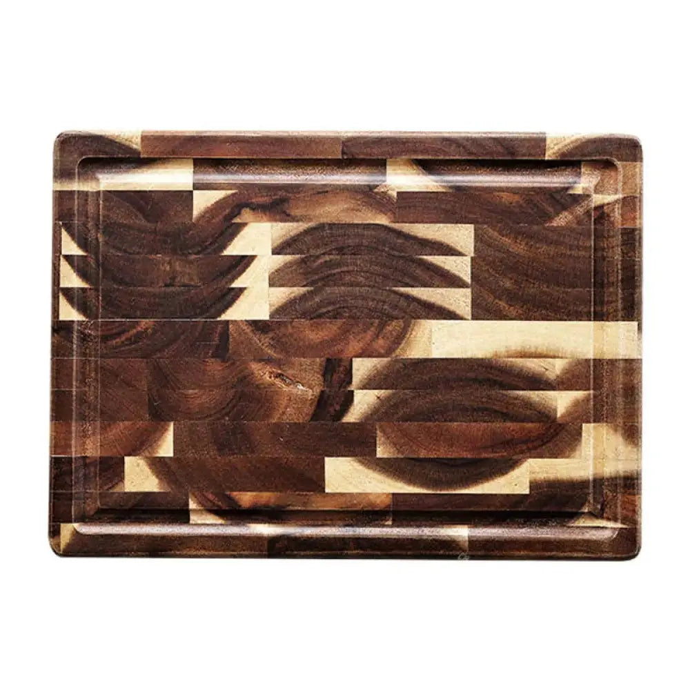 Rectangular striped parquet solid wood cutting board with mosaic pattern of dark and light brown wood pieces