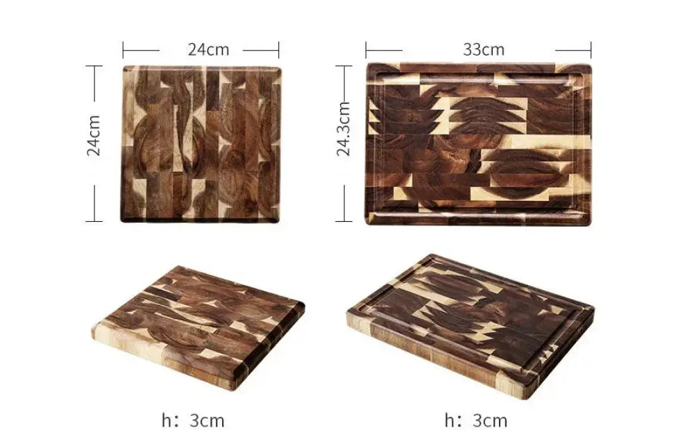 Striped parquet solid wood cutting board with dark and light brown mosaic pattern and raised edges for stability