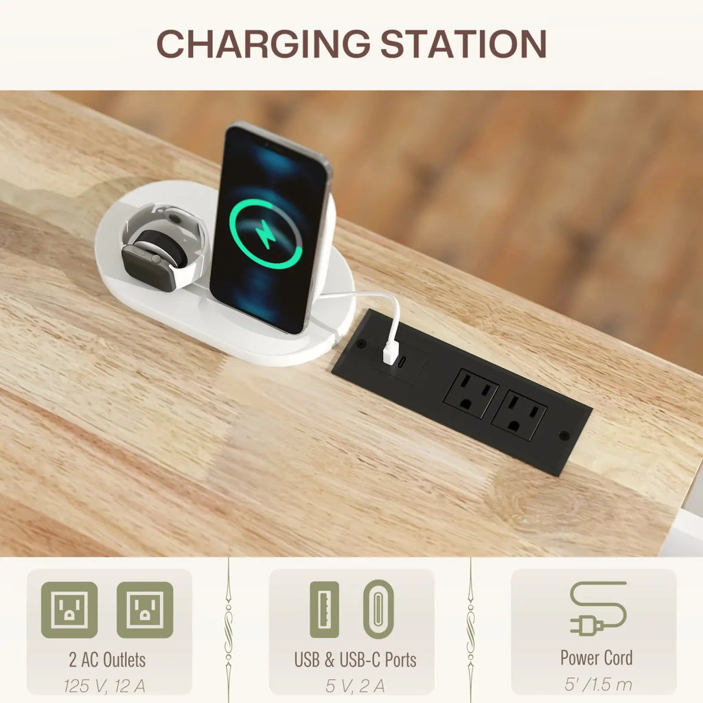 White kitchen island with drop leaf and charging station featuring wireless charging and integrated phone and smartwatch holders