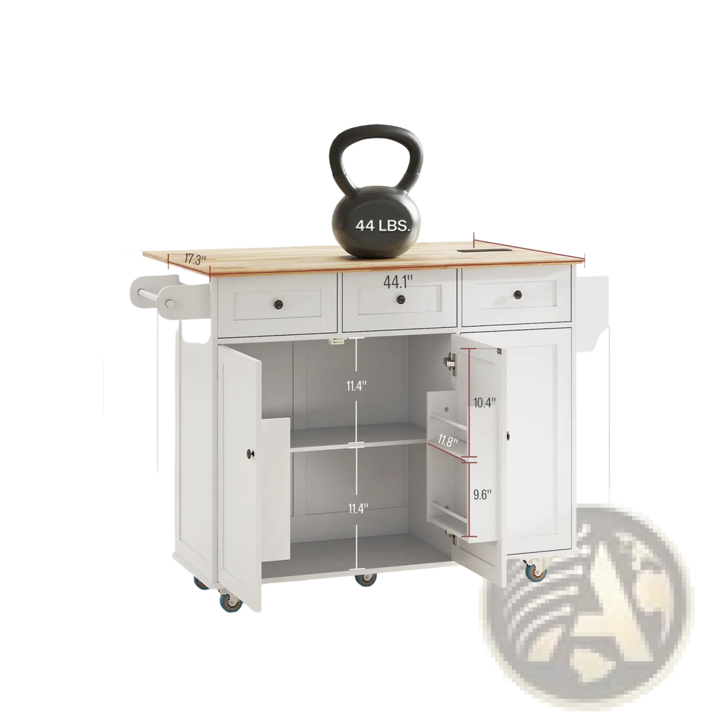 White kitchen island cart with wooden top casters three drawers two cabinet doors and built-in charging station