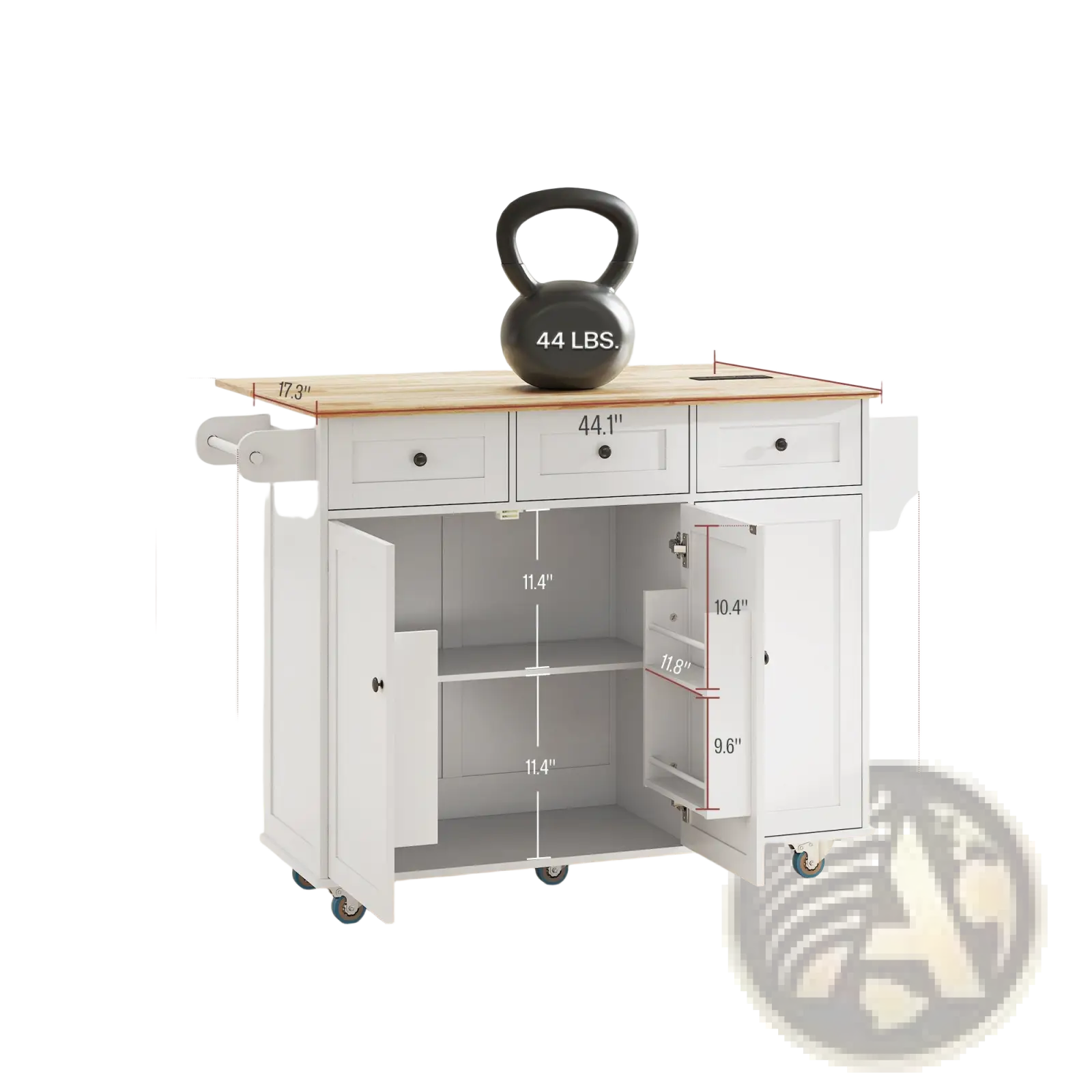 White kitchen island cart with wooden top casters three drawers two cabinet doors and built-in charging station