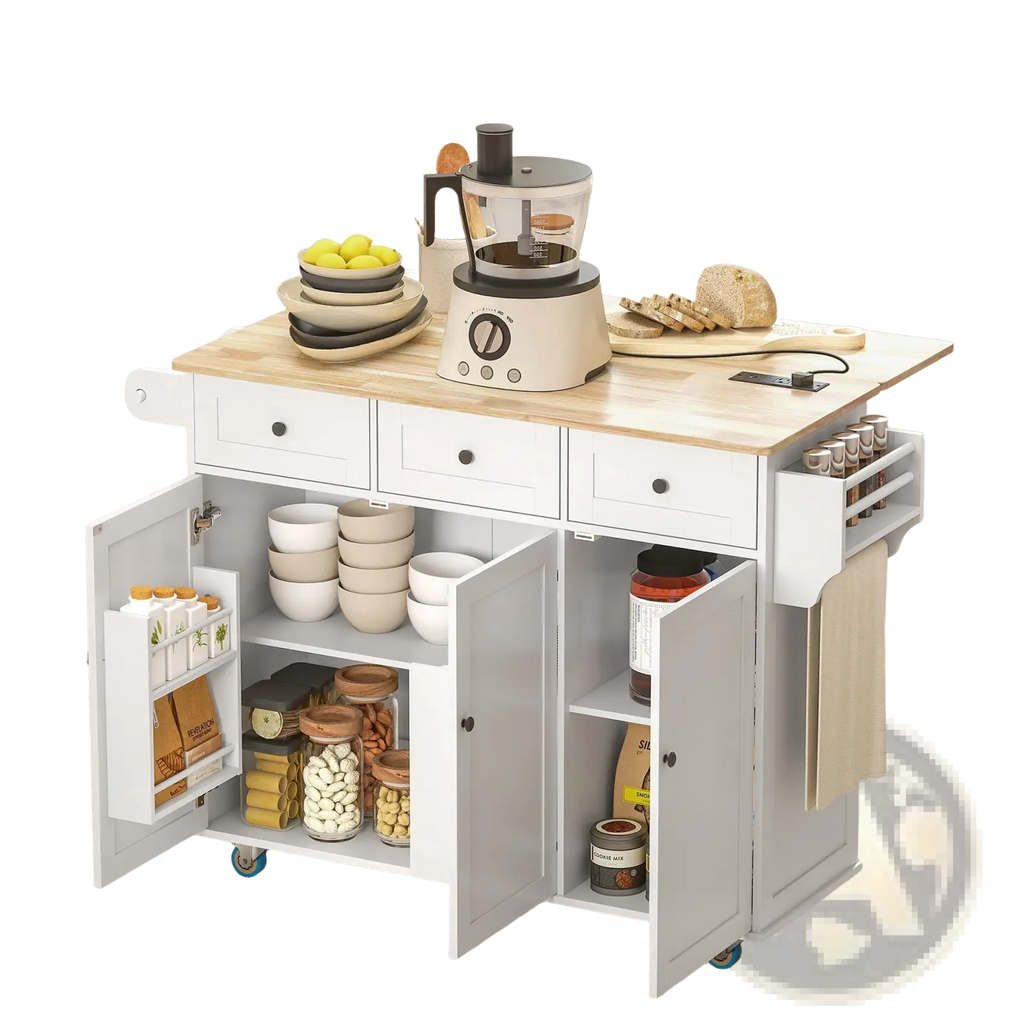White kitchen island cart with light wood countertop rolling casters drop leaf and built-in charging station