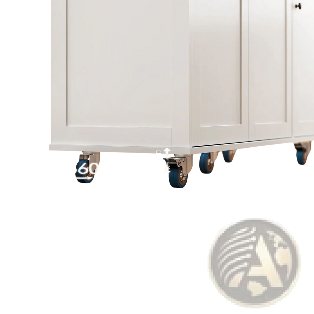 White kitchen island cabinet with drop leaf, blue casters for mobility, and built-in charging station for convenience