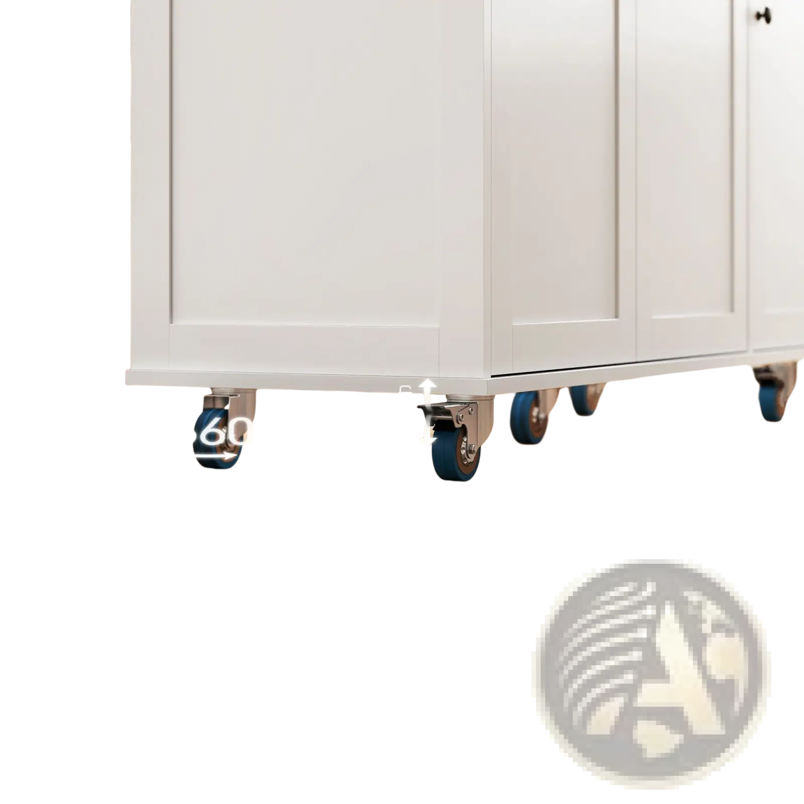 White kitchen island cabinet with drop leaf, blue casters for mobility, and built-in charging station for convenience