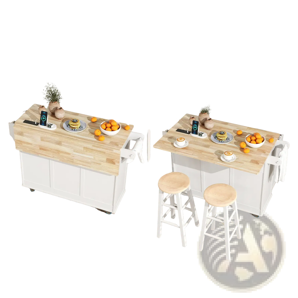 White drop-leaf kitchen island with light wood countertop and white cabinet doors featuring a charging station