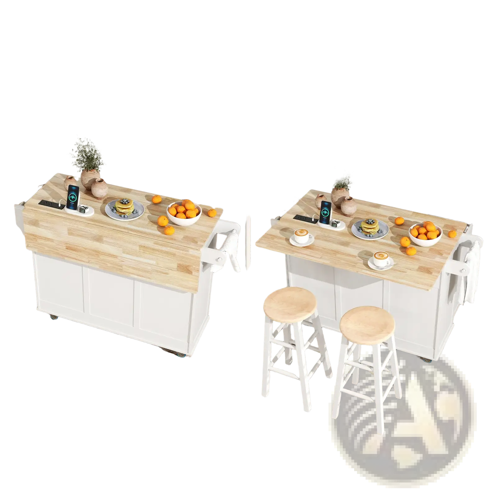 White drop-leaf kitchen island with light wood countertop and white cabinet doors featuring a charging station