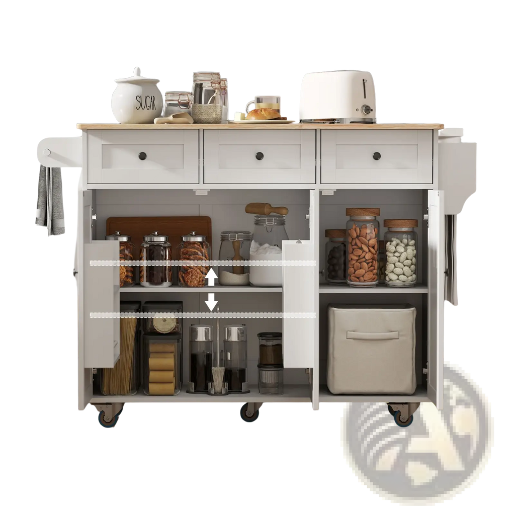 White kitchen island with drop leaf, wooden countertop, drawers, open shelving, casters, and built-in charging station