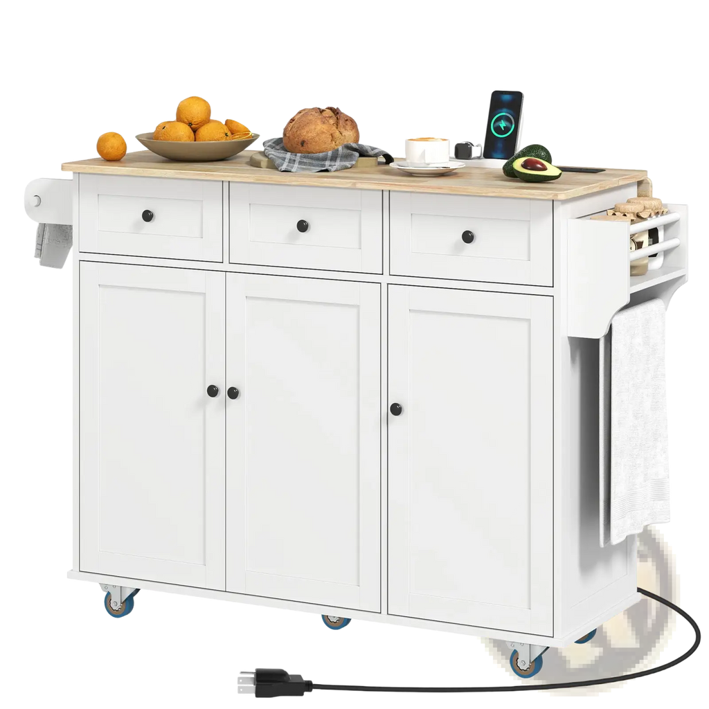 White kitchen island with drop leaf, light wood countertop, black knobs, blue casters, and side towel rack with charging station