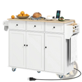 White kitchen island with drop leaf, light wood countertop, black knobs, blue casters, and side towel rack with charging station