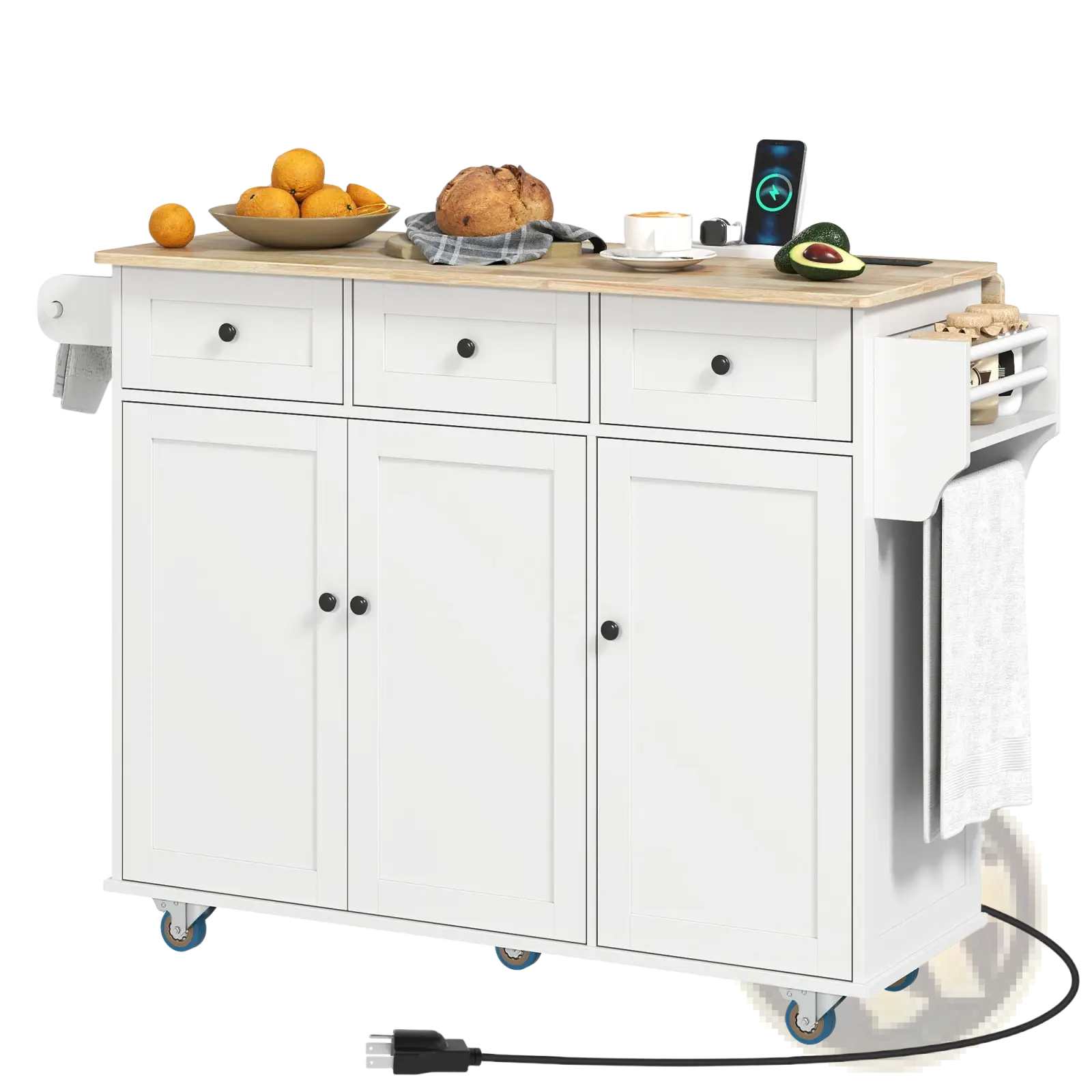 White kitchen island with drop leaf, light wood countertop, black knobs, blue casters, and side towel rack with charging station